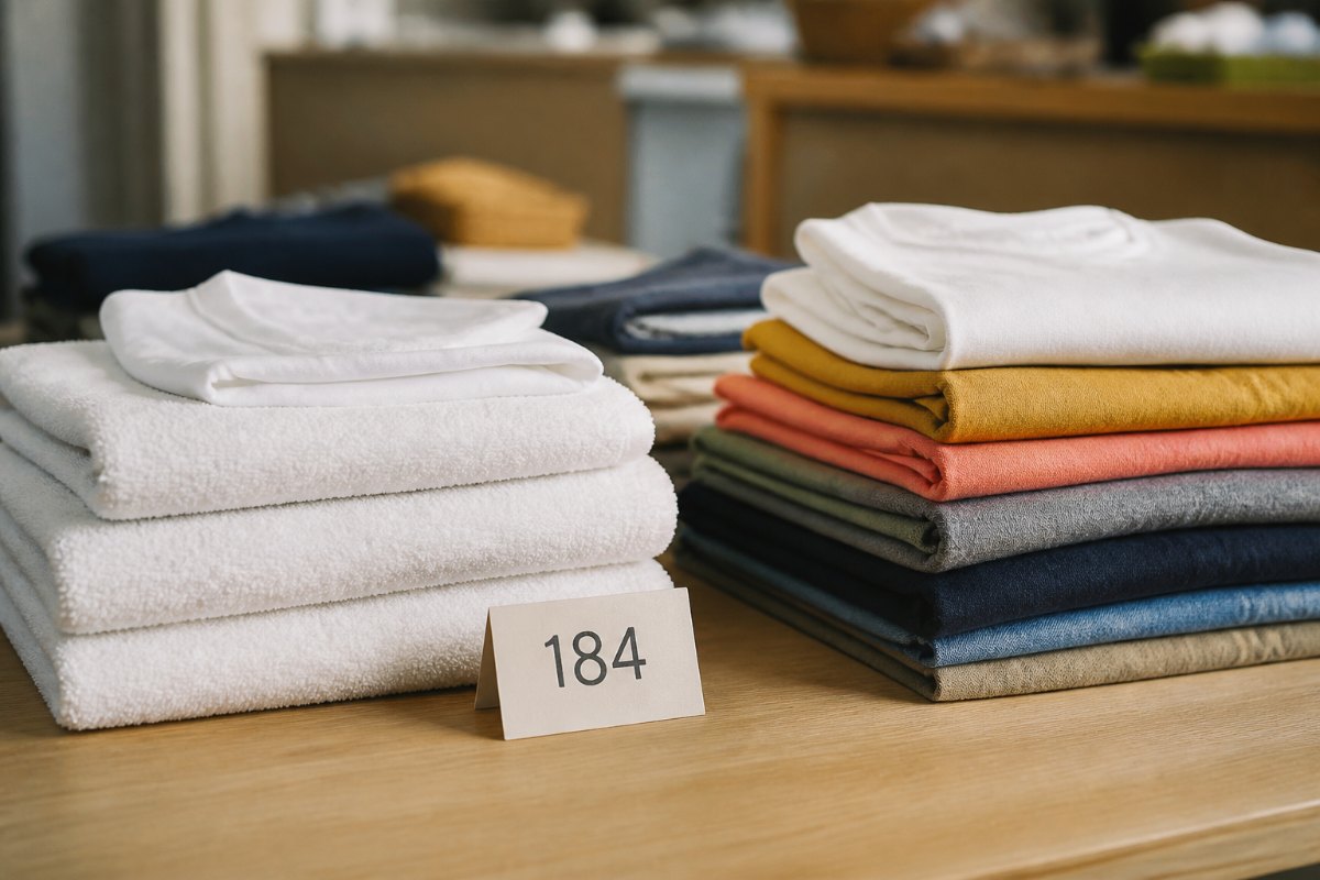 Pilas de toallas blancas y ropa de color recién doblada sobre la mesa, con la etiqueta del pedido 184